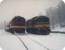 [220 295, 228 203 und 781 436 (heute PEG V200.01) am 02.02.1999 im Bahnhof Bad Brambach]